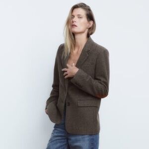 Zara Wool Blend Checkered Blazer with suede-like elbow patches